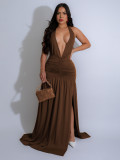 Halterneck Deep V Neck Ruched Split Maxi Dress SFY-631