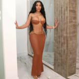 See Through Tie Up Tops Long Skirt 2 Piece Set XEF-K24S44749