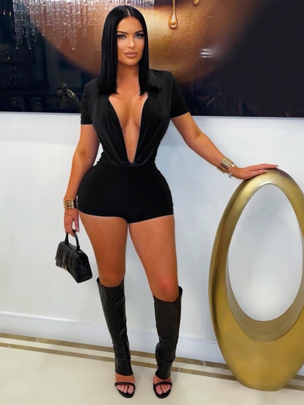 Deep V Neck Solid Color Romper SFY-829