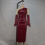 Slash Shoulder Leather Tight Split Midi Dress GPBY-17136
