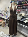 Halterneck Deep V Neck Ruched Split Maxi Dress SFY-631