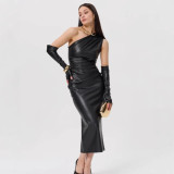 Slash Shoulder Leather Tight Split Midi Dress GPBY-17136