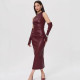 Slash Shoulder Leather Tight Split Midi Dress GPBY-17136