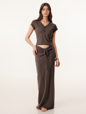 V Neck Short Sleeve Tops Long Skirts 2 Piece Set GZJF-1420