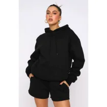 Solid Thickened Fleece Hooded Sweatshirt Shorts Set SSNF-211254