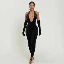 Halterneck Tie Up Backless Slim Jumpsuit MXBF-J25JP466