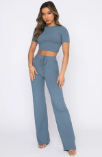 Short Sleeve Solid Color Loose Two Piece Pants Set SSNF-211071