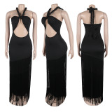 Halterneck Hollow Out Tassel Maxi Dress GTYZ-7526