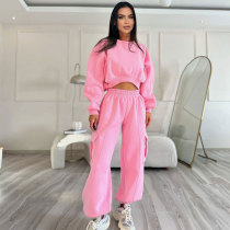 O Neck Solid Color Sweatshirt Loose Pants Set SSNF-211471