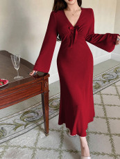V Neck Flare Sleeve Long Dress GZJF-10208