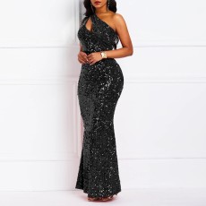 Slash Shoulder Chain Sequin Maxi Dress GMYU-2522