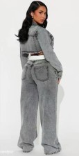 Fashion Denim Long Sleeve Coat Two Piece Pants Set GMYU-6518