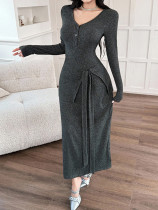 V Neck Long Sleeve Tie Up Maxi Dress GZJF-10207