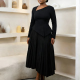 Plus Size Slash Neck Solid Color Midi Dress GATE-617