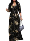 Print V Neck 3/4 Sleeve Maxi Dress XMY-N003