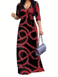Print V Neck 3/4 Sleeve Maxi Dress XMY-N003