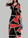 Print V Neck 3/4 Sleeve Maxi Dress XMY-N003