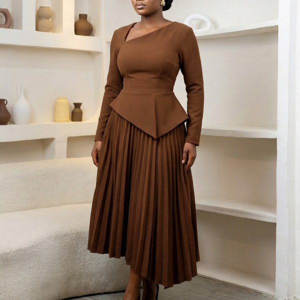 Plus Size Slash Neck Solid Color Midi Dress GATE-617