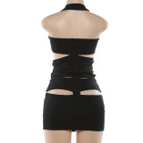 Hollow Out Patchwork Tight Halterneck Mini Dress GZJQ-K25D90729