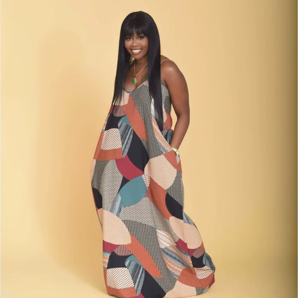 Plus Size Print Loose V Neck Sling Maxi Dress GAWE-5424