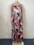 Plus Size Print Loose V Neck Sling Maxi Dress GAWE-5424
