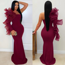 Solid Color Singlle Shoulder Long Sleeve Maxi Dress BY-7610