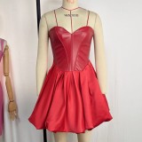 PU Leather Patchwork Satin Tube Top Dress GPBY-9922