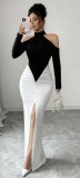 Contrast Color Ruched Split Maxi Dress QODY-6073