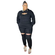 Plus Size Solid Color Long Sleeve Coat Sling Pants 3 Piece Set GAWE-5645