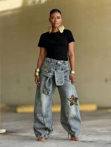 Plus Size Star-Printed Leopard Patchwork Denim Jeans GYLN-8122
