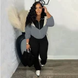 Color Block Zipper Coats Tight Sport Two Piece Pants Set QYMF-3073