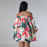 Plus Size Off Shoulder Print Bat Sleeve Mini Dress QYMF-3009