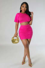 Short Sleeve Solid Color Two Piece Skirts Set QYMF-M3022