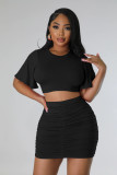 Short Sleeve Solid Color Two Piece Skirts Set QYMF-M3022