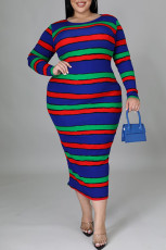 Plus Size Colorful Stripe Print Long Sleeve Maxi Dress GAWE-5386