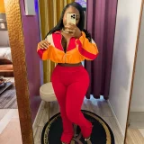 Color Block Zipper Coats Tight Sport Two Piece Pants Set QYMF-3073