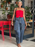 Plus Size Fashion Washed Pockets Wide Leg Jeans GYLN-0682