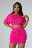 Short Sleeve Solid Color Two Piece Skirts Set QYMF-M3022