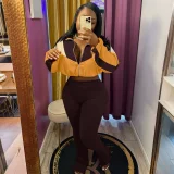 Color Block Zipper Coats Tight Sport Two Piece Pants Set QYMF-3073