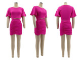 Short Sleeve Solid Color Two Piece Skirts Set QYMF-M3022