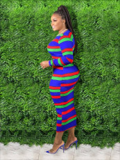 Plus Size Colorful Stripe Print Long Sleeve Maxi Dress GAWE-5386