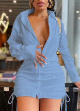 Solid Color Long Sleeve Drawstring Shirt Dress OLYF-6088
