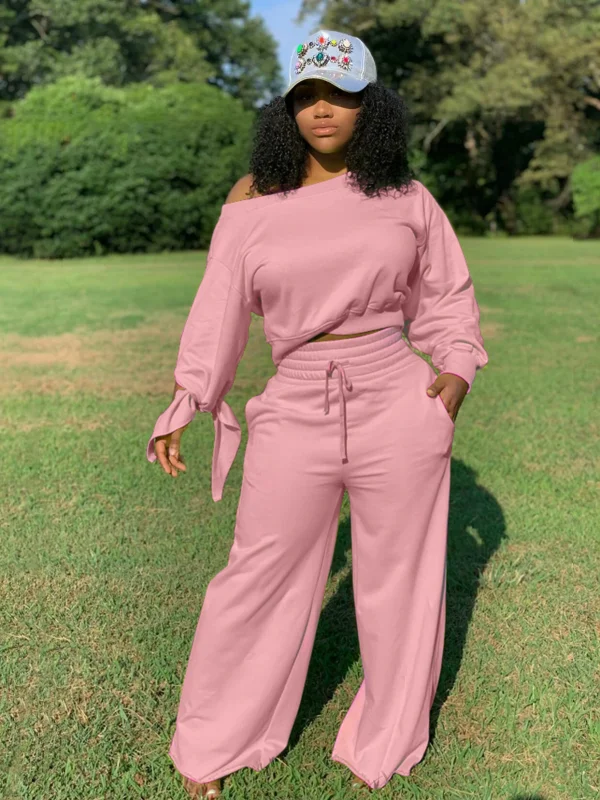 Plus Size Solid Color O Neck Two Piece Pants Set OLYF-6021