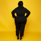 Plus Size Solid Color Hooded Tassel Two Piece Pants Set OSIF-21278