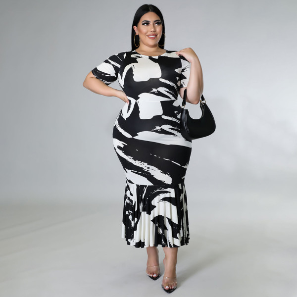 Plus Size Short Sleeve Ruffles Long Dress NNWF-7459