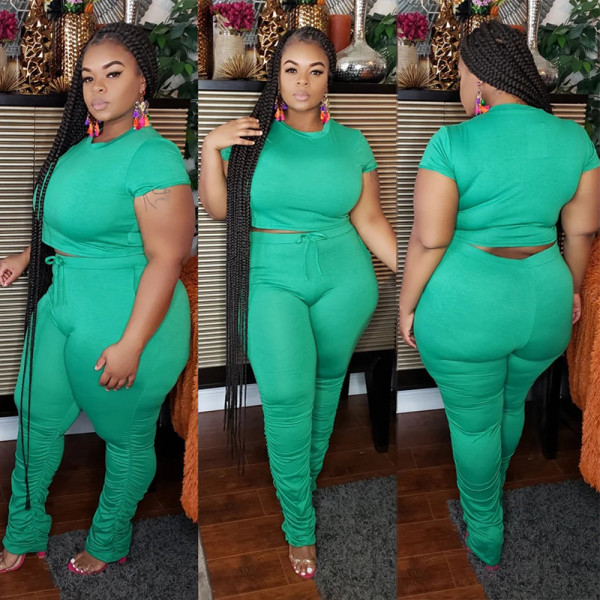 Plus Size Short Sleeve Solid Color Two Piece Pants Set OSIF-20735