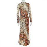 Leopard Print Long Sleeve Maxi Dress GJYO-303896