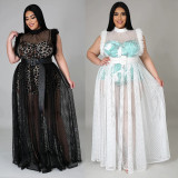 Plus Size Sleeveless Romper+Mesh Dress 2 Piece Set NNWF-7135
