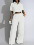Solid Lapel Short Sleeve Wide Leg Pants Casual Set SFY-441