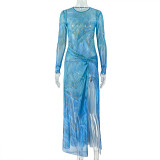 Long Sleeve Print Color Block Split Maxi Dress GJYO-303855